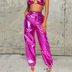 Glänzende Hose Weihnachten Helle Farbe Stretch Leder Reißverschluss Knöchel Banded Slacks