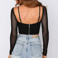 Corset Hanky Hem Mesh Boning See through Square Collar Backless Short T shirt Top