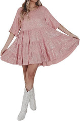 Sequ Dress Half Sleeve Round Neck Frill Loose Dress