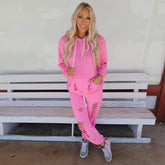 Solid Color Hooded Long Sleeve Ripped Loose Casual Suit