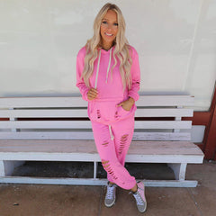 Costume décontracté ample à capuche et manches longues déchirées de couleur unie