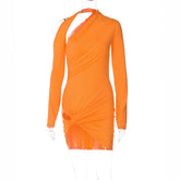 Solid Color One Shoulder Long Sleeve Ruffle Hip Dress