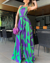 Combinaison portefeuille taille haute en coton sans manches, grande taille, imprimé violet