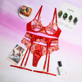 Lingerie Three-Piece Set Christmas Year Red Embroidery Satin Stitching Three-Piece Set
