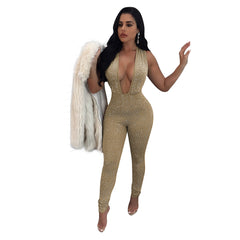 Nightclub Rhinestone Deep V Plunge Plunge neck Jumpsuit
