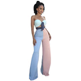 Nightclub Uniforms Color Contrast Patchwork Chest Wrap Bell-Bottom Pants Suit Two-Piece Set