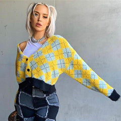 Cardigan court en peluche à motif de losanges rétro de haute qualité