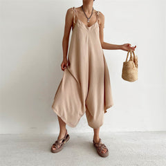 Solid Color Overalls Casual Loose Fitting Wide Leg Trousers Sling Backless Sleeveless Jumpsuit