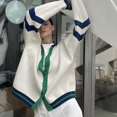 Contrast Color Cardigan Loose Casual Sweater Striped Simple Knitted Sweater Coat