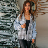 Street Plaid Patchwork Jeansjacke mit Kragen und Quaste