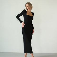 Maxi Dress Square Collar French Black Dress Slim Fit Sheath Dress