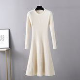 Schlankes Herbstkleid, mittellanges Kleid, Rundhals-Maxikleid, einfarbiges Pulloverkleid mit Unterteil, A-Linien-Kleid