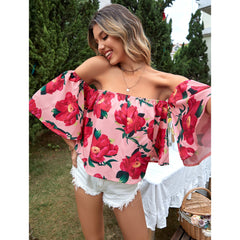 Casual Vacation All Match off Shoulder Floral Shirt