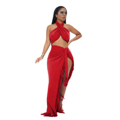 Long Sleeve High Slit Tassel Two Piece Set