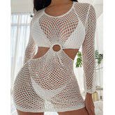 Robe courte décontractée pour les vacances, taille fine, découpe ajourée, col rond, coupe ajustée, manches longues, robe de plage pour protection solaire