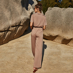 Half Sleeve One Piece Jumpsuit Solid Color Zipper Collared Jumpsuit Elastic Waist Casual Trousers