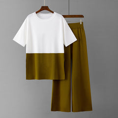 Casual Set Loose Slimming Color Matching Short Sleeve Wide Leg Pants Two Piece Set