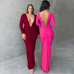 V neck Slim Pleated Solid Color Long Sleeve Dress