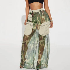 Mesh Camouflage Rock Street Pocket Stitching Elastischer Kordelzug Werkzeugkleid