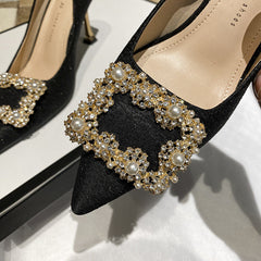 Women's Shallow Mouth Commuter Rhinestone Square Buckle Temperament Korean
