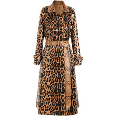 Snakeskin Leopard Print Long Trench Coat Goddess Long Sleeve Leather Jacket Overcoat