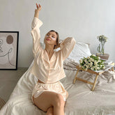 Artificial Silk Comfortable Breathable Two Piece Pajamas Long Sleeve Shorts Split Outerwear Home Wear