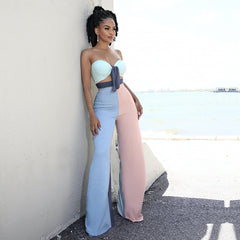 Nightclub Uniforms Color Contrast Patchwork Chest Wrap Bell-Bottom Pants Suit Two-Piece Set