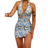 Bedruckter Neckholder-Badeanzug mit rückenfreiem Kleid