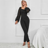Schmaler, langärmliger Jumpsuit in Schwarz mit Nähten