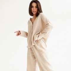 Double Layer Crepe V-neck French Loose Comfortable Long Sleeve Pajamas Cotton Linen Homewear Set