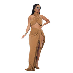 Long Sleeve High Slit Tassel Two Piece Set