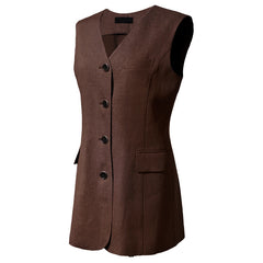 Gilet col V en lin mi-long coton lin coréen rétro slim sans manches gilet cardigan