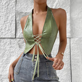Low Cut Cardigan Solid Color Halter Lace up Faux Leather Vest