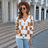 Pull à carreaux, cardigan cousu, manteau tricoté, tendance