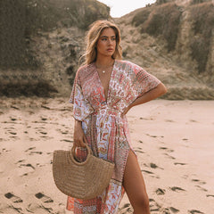 Bedrucktes Kleid, Bohemian, unregelmäßiges asymmetrisches Muster, Druck, Strand, Sonnenschutz, Hanfu, lange Robe