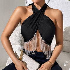 Lace Up Chest Wrapped Backless Tassel Chain Vest