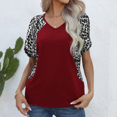 V neck Loose Leopard Print Stitching Batwing Sleeve T shirt