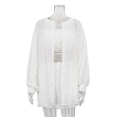 Long Sleeved White Shirt Loose Outfit Tube Top High Waist Shorts Three Piece Set