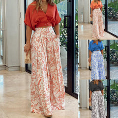 V neck Short Shirt Top Suit Printed Office Wide Leg Pants
