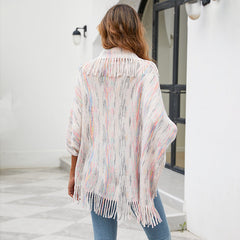 Colorful Striped Tassel Shawl Knitted Cape Coat
