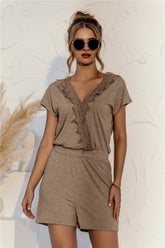 Eaby Short Sleeve V-neck Criss Cross Lace Stitching Romper Romper