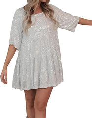 Sequ Dress Half Sleeve Round Neck Frill Loose Dress