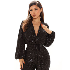 Fall High-End Sequ Deep V-neck Long Sleeve Jumpsuit Jumpsuit Trousers