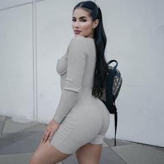 Zipper U Shaped Collar Long Sleeve Tight Jumpsuit Fall Solid Color Shorts