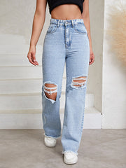 Schlankmachende, gerade, zerrissene Jeanshose mit hoher Taille