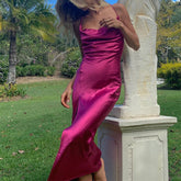 Satinkleid mit quadratischem Kragen, rückenfreies Partykleid mit Schlitz und Trägern