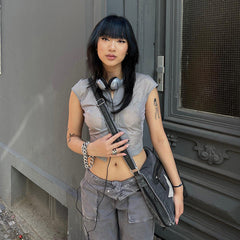 Street Retro Low Waist Denim Overalls Printed Large Pocket Straight Casual Pants