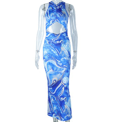 Cutout out Tight Dress round Neck Backless Sheath One Step Long Dress Digital Printing Vacation
