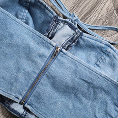 Haut tube décontracté à lacets croisés et dos en jean, vêtement d'extérieur, moulant, gilet court, fermeture éclair, poitrine enveloppée