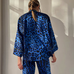 Blue Leopard Print Loose Comfortable Soft Pajamas Cardigan Trousers Two Piece Home Wear
